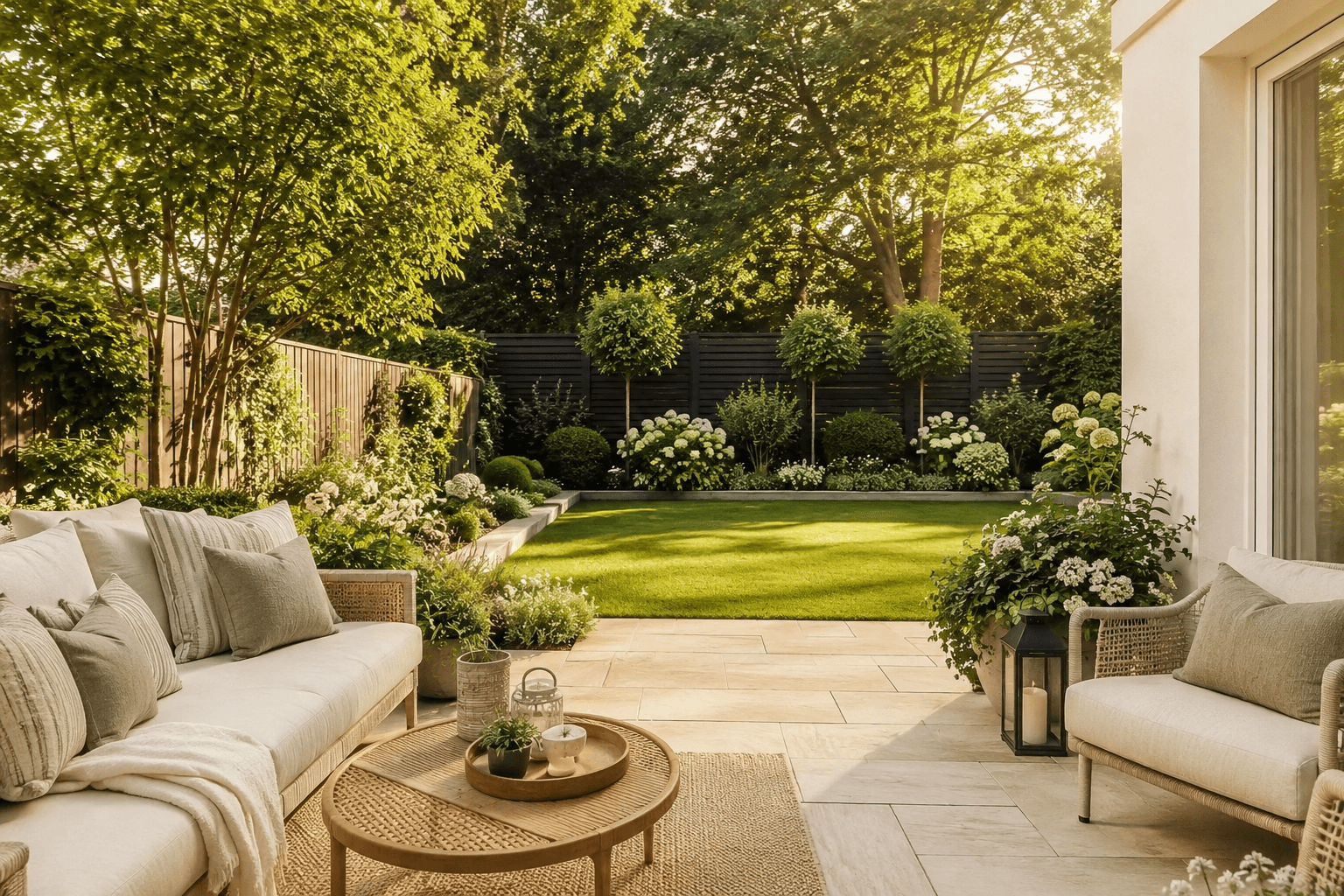 Tidy refreshed back garden with stone patio and seating