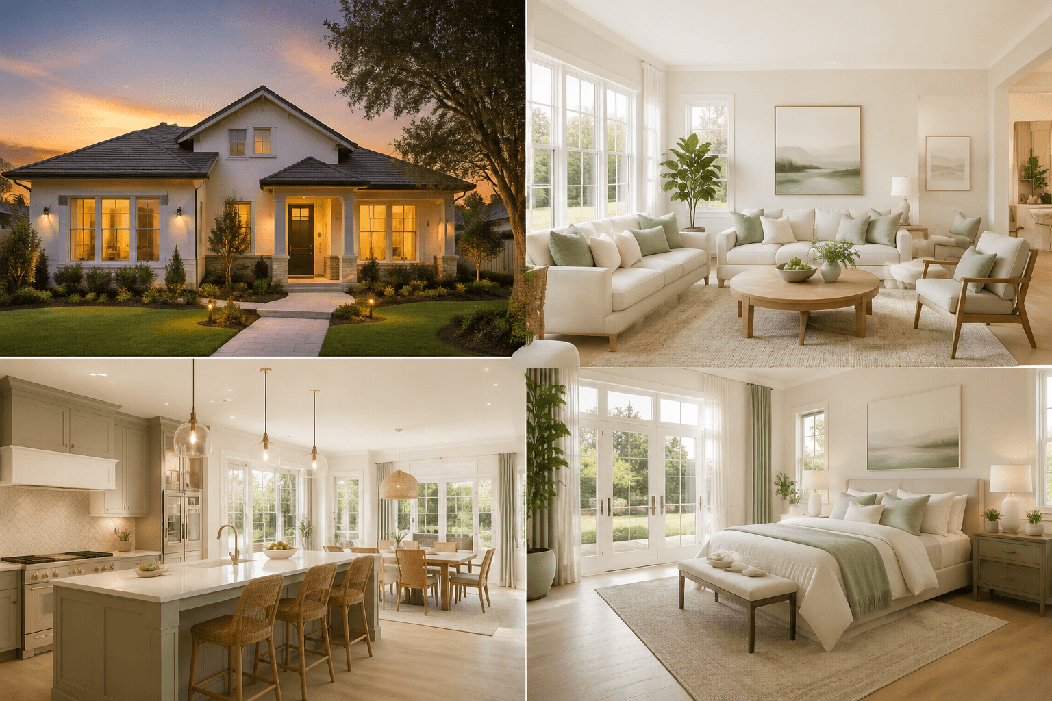 Twilight exterior of a family home with warm window glow