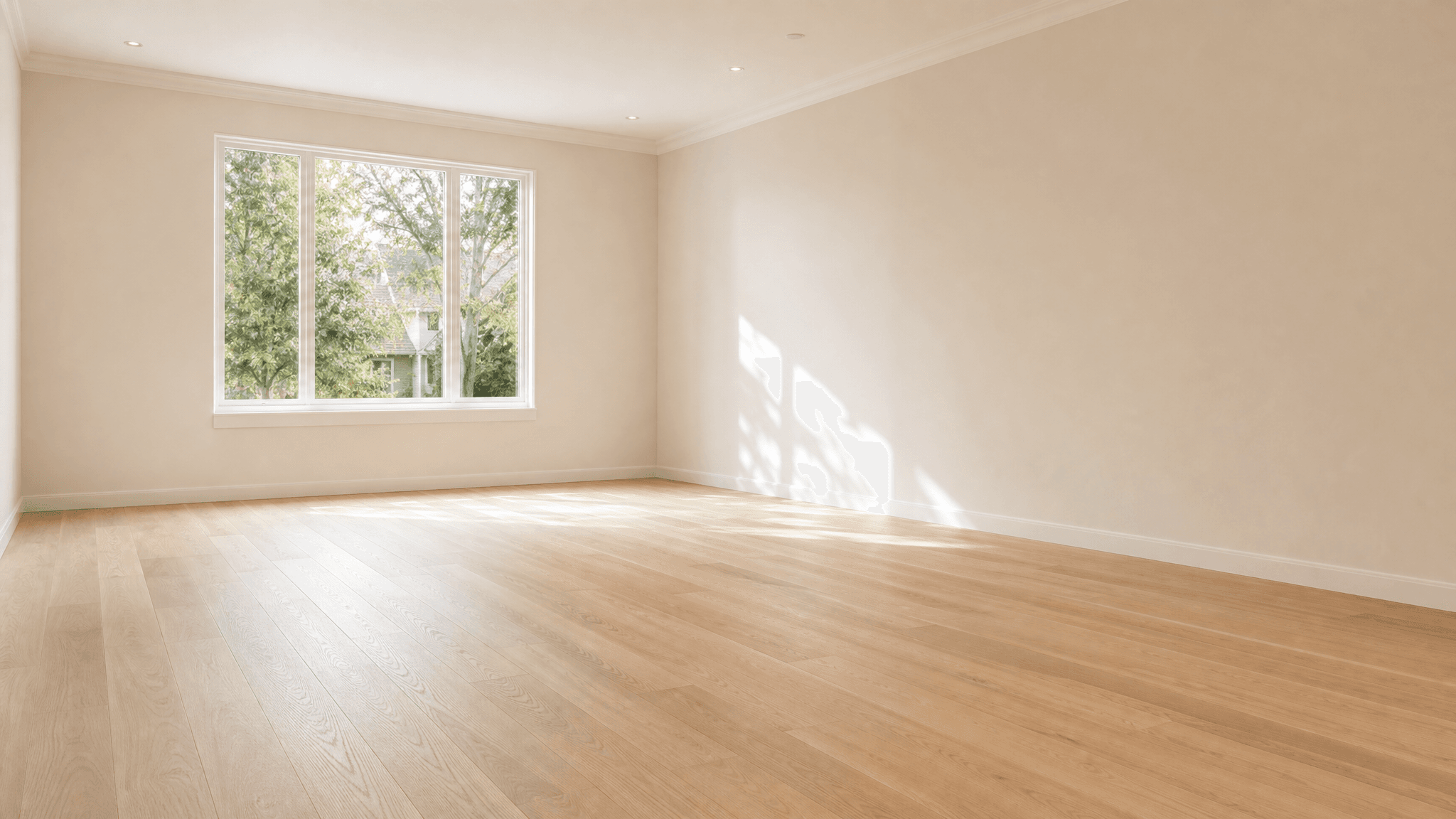Empty unfurnished living room with bare oak floor and daylight