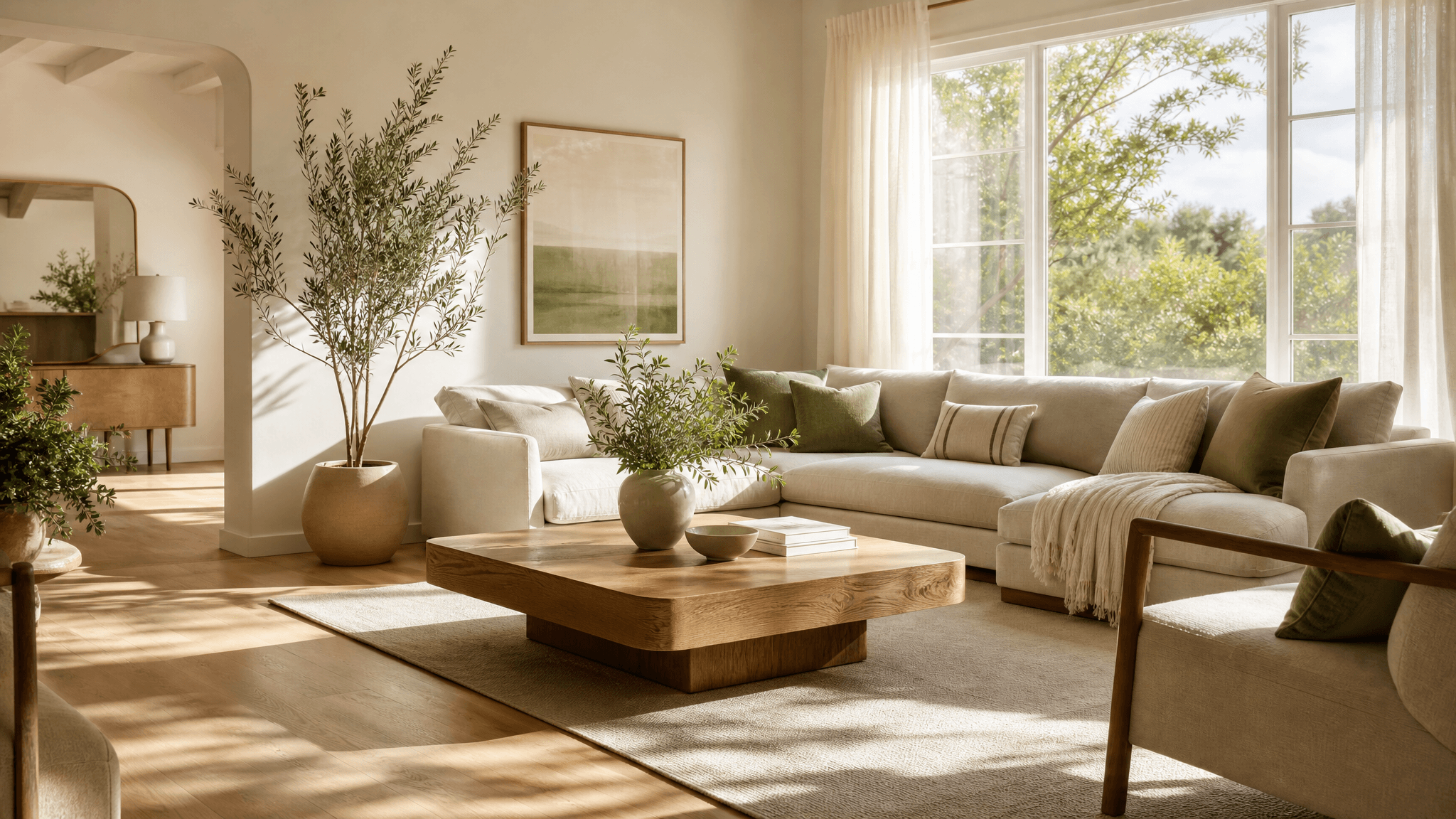 Warm modern virtually staged living room with sunlight across the floor