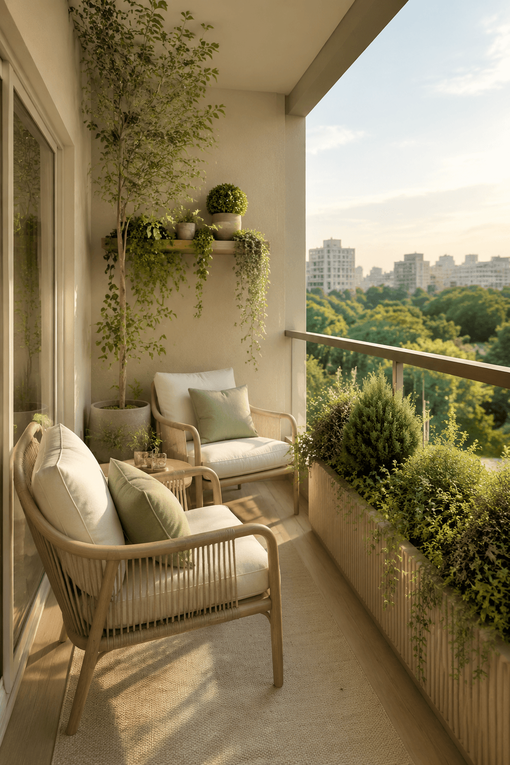Staged apartment balcony with plants and seating in morning light