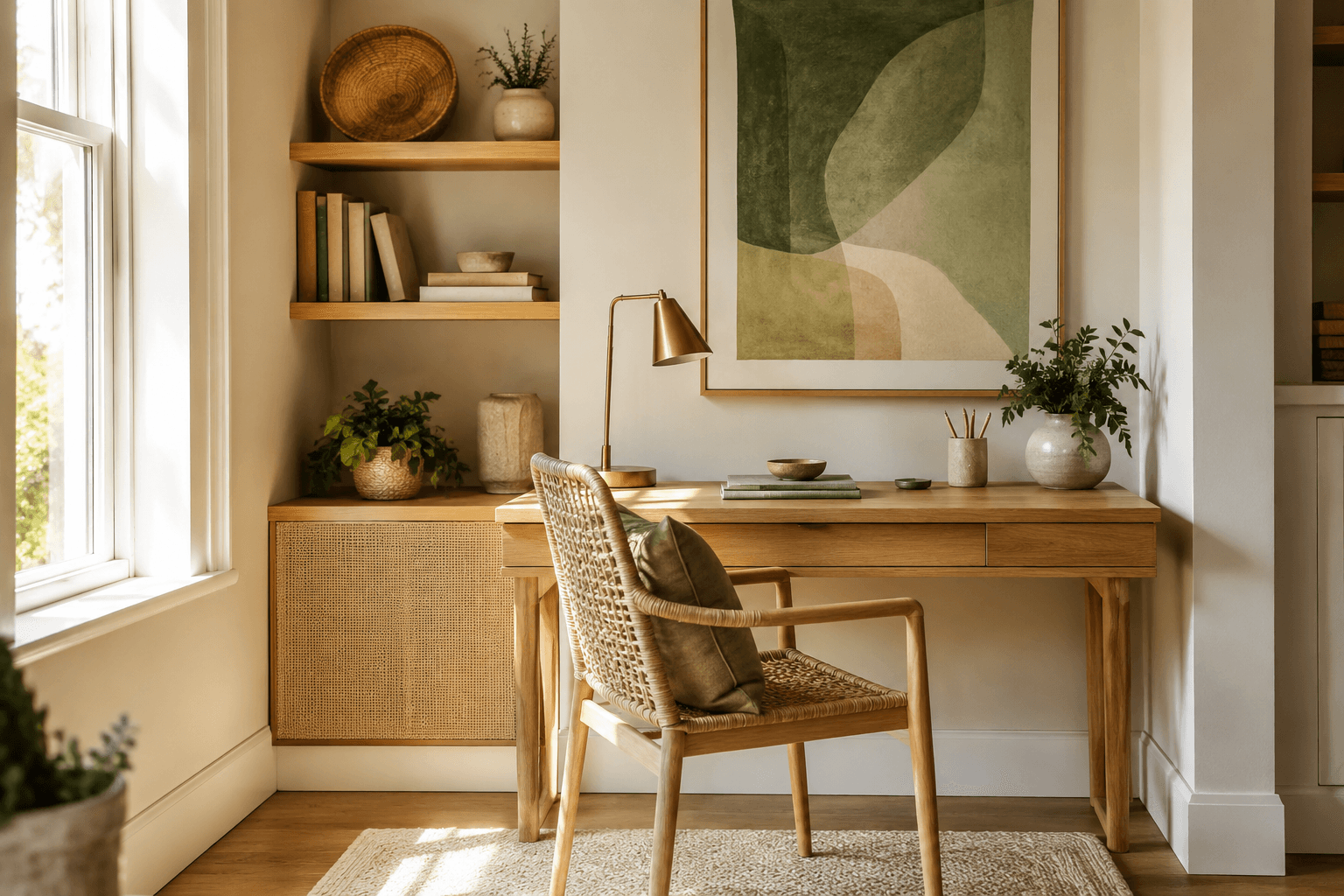 Staged bright home office nook with a slim wooden desk