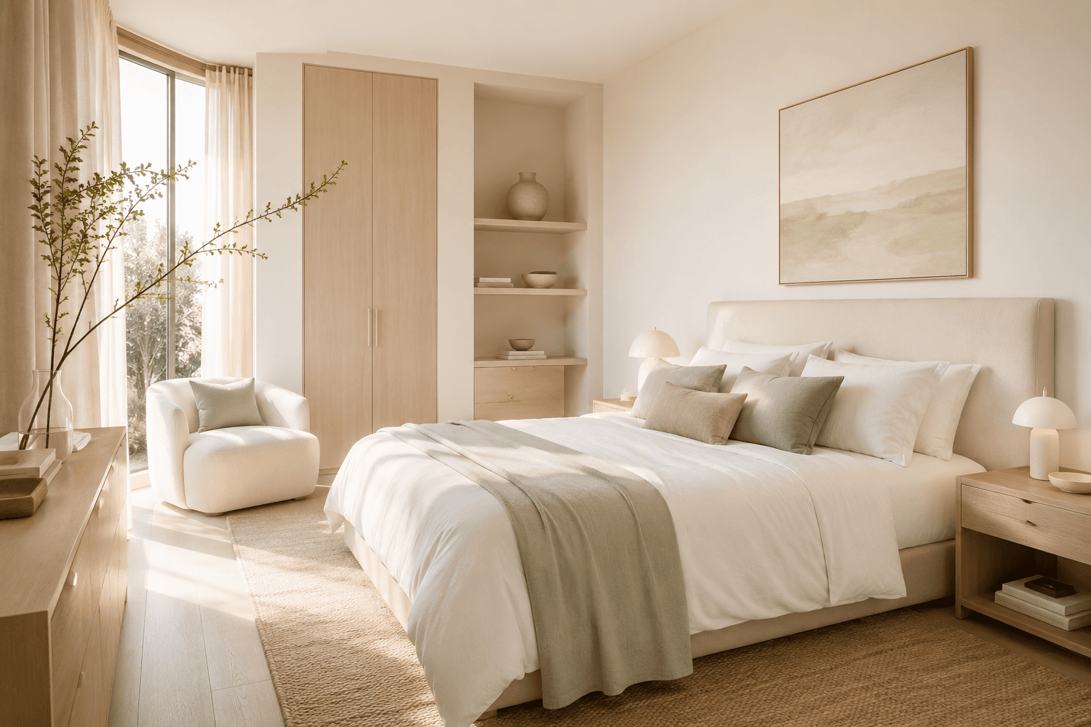 Scandi Bright staged room — Pale wood and clean light